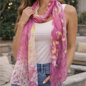 Christina C Floral Chiffon Scarf Pink Yellow Sheer Lightweight